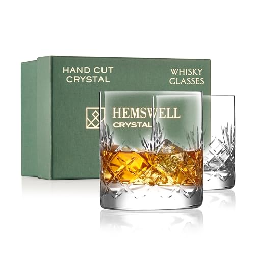 Hemswell Crystal Whiskey Glasses Set of 2 for Men - 11oz Crystal Rocks Bourbon Glasses - Crystal Cut Glassware - Old Fashioned Glasses for Whisky with Solid Base - Satin Lined Box - Glenrigg