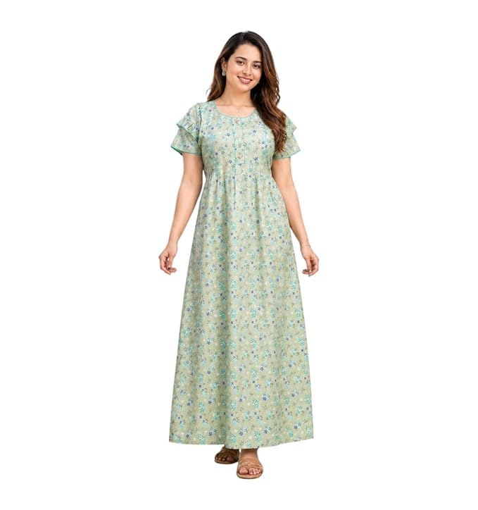 Women's Pure Cotton Floral Print Frock Style Maxi Nighty Jaipuri Floral Print, Frock Style with Ruffle Sleeves Attached Belt Nightdress Comfort Night's Sleep and Dailywear-picture-45