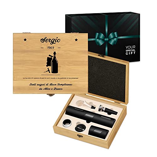 Maverton Cavatappi Elettrico per Vino + Apribottiglie Birra - Set da 6 Pezzi - Personalizzazione con Stampa - Scatola in Legno di Bambù - dimensioni 27x22x7 cm - per Lui - Età