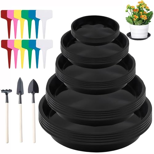 Bogoro Soucoupe Pot Fleur Rond Set de 20 Pièces Comprenant 5 Soucoupes pour Plantes Multitaille 1 Pelle 1 Pelle 1 Râteau Étiquettes pour Plantes12 pour Innen und Außen D'intérieur Extérieur Jardin
