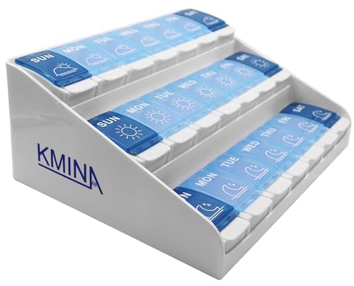 KMINA - Pill Boxes 7 Day 3 Times a Day Large Home, Weekly Pill Organiser Morning Noon and Night, Medicine Storage Box, Pill Box Organiser 3 Times a Day, Vitamin Box Organiser 7 Days - Made in Europe