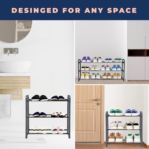 Image of Happhom 3-Tier Expandable Shoe Organizer - Space Saver Shoe Shelf with Smart Design for Closet, Entryway and Small Spaces, Dark Grey (CSR-01)