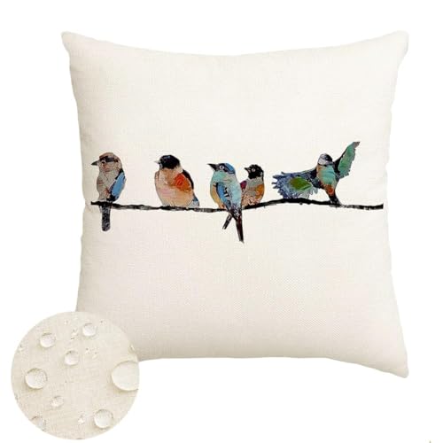 RABUSOFA Funda de cojín impermeable para exteriores, 45 x 45 cm, decoración de verano, turquesa, pájaros, de temporada, decorativa, para exteriores, sofá, balcón, terraza, jardín, tienda de campaña