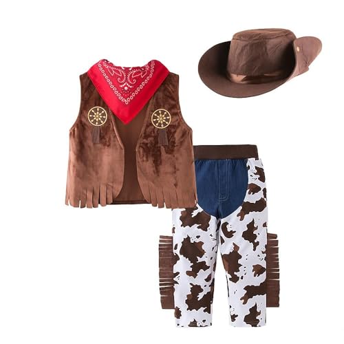 Lito Angels Disfraz Ropa de Vaquero con Pañuelo Rojo, Chaleco y Sombrero para Niños Pequeñas Talla 2-3 años, Marrón (Número de etiqueta 90)