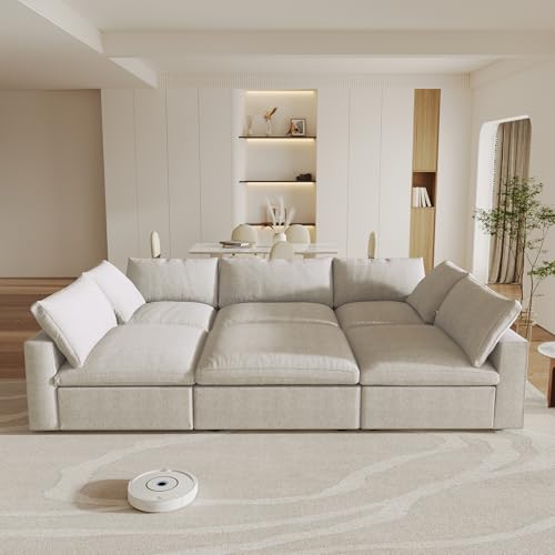 Modular Sectional Sofa Couches for Living Room,160inch Linen Cloud Couch with Storage Ottoman, Oversized U Shaped 6 Seater Convertible Sleeper Sofa Chaise,Khaki