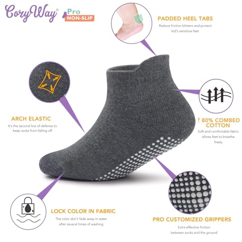 CozyWay Toddler Socks with Grippers - 3T-5T Black, White & Dark Gray 12-Pack - Cotton Non-Slip Ankle Grip for Boys & Girls
