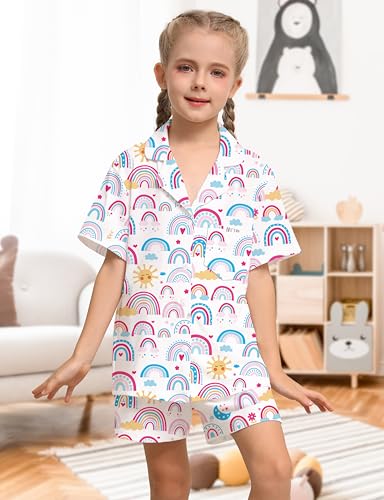SEALINF Kids Girls Pajamas Long Short Sleeve Pjs 2 Piece Pj Set with Eye Mask Headband Button Down Sleepwear2