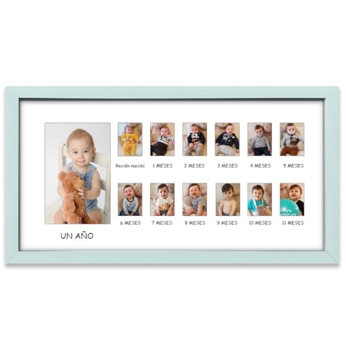Ichigo Ichie Marco de Fotos de Madera del Primer Año del Bebé, Marco de Fotos Mensual para Recién Nacidos de 12 Meses - Recuerdos Primer Año y Momentos Especiales, 25 x 45 cm (Horizontal, Azul)