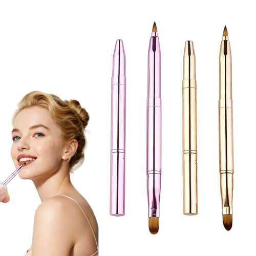 2 Pcs Lip Brush, Double-Ended Lip Makeup Brush with Cap, Retractable Makeup Brushes Set for Lipstick and Lip Gloss, Portable Travel Lipstick Applicator (Pink & Gold)