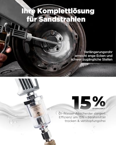 InoKraft Tragbare Sandstrahlpistolen-Set mit Öl-Wasser-Separator und Verlängerungsdüse, Mini-Sandstrahler zur Rost- und Farbentfernung, kompatibel mit Aluminiumoxid, Sand, Walnusschalen und Soda