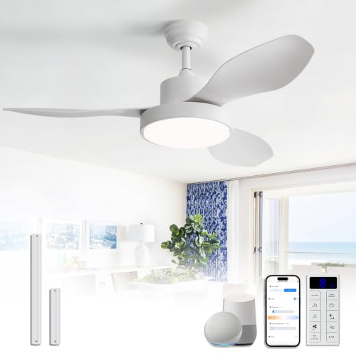 Image of Sofucor 47 Inch Ceiling Fan with Lights Flush Mount Modern Outdoor Ceiling Fans with Remote Control, 3CCT Dimmable 6 Speeds Quiet DC Motor & Timer for Patio Bedroom Living Room
