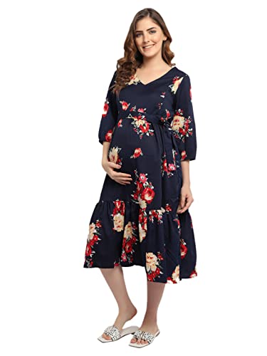 Image of Women's Crepe Maternity Midi Dress /Floral Print Pregnancy Dress /Easy Breast Feeding /Breastfeeding Dress /Western Dress with Zippers for Nursing Pre and Post Pregnancy