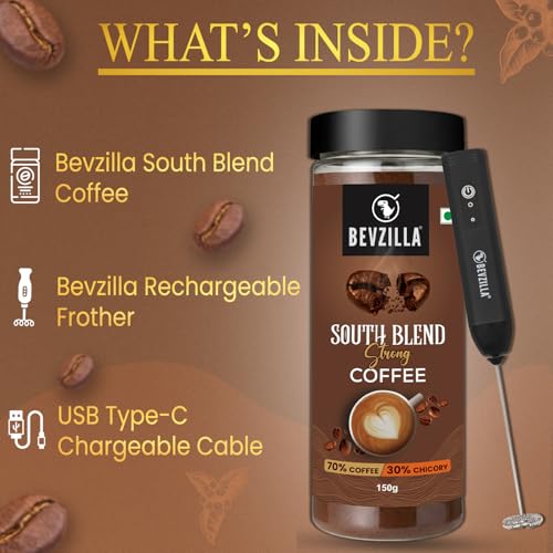 Image of Bevzilla 150 Gram Instant Filter Coffee Powder outh Blend With Rechargeable Frother | 70% Coffee, 30% Chicory | Extra Strong | Bold Taste | Quick Preparation | Perfact for Gifting