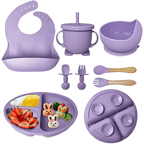 Image of Hoidokly Baby Feeding Set, 8 Pcs Silicone Baby Led Weaning Supplies Includes Cup Baby Plate, Bowl, Adjustable Bib, Cup, Spoon and Fork,BPA Free Baby Weaning Utensils Set for 6+ Months-DeepPurple
