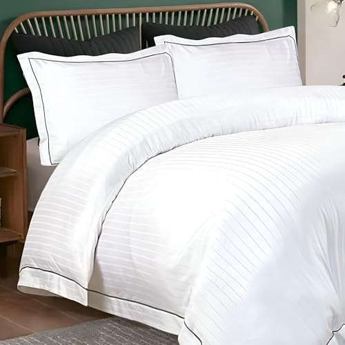 QATAN 100% Organic Double Duvet Cover Set - Cooling Duvet Cover, Gray Embroidered Line on Borders, (200x200) cm White, Striped Pattren