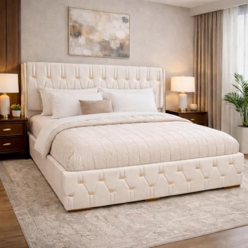 Image of Royal Aura Upholstered King Size Bed with Box Storage for Bedroom | Elegant Wooden Double Bed with Storage | Platform Cot Palang with Tufted Headboard | 6.5 x 6 Ft | Sheesham Wood | White