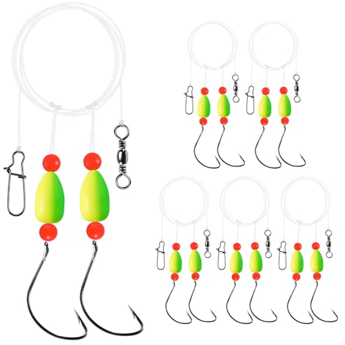 Alwonder 5-Pack Pompano Rigs Surf Fishing Rigs with Snell Floats Saltwater Live Bait Rig, Swivels Duo Lock Snaps Circle Wide Gap Kahle Hooks Rig for Beach Surf Casting Pier Jetty Fishing Green&Yellow