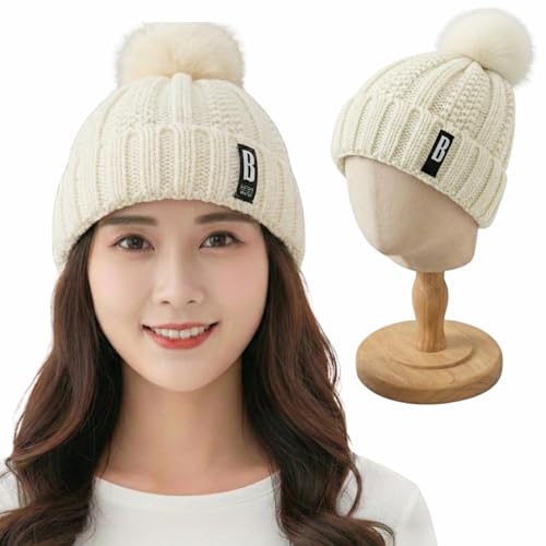 Image of Kraptick Women's Winter Cap - Knit Beanie with Soft Fleece Lining Hat, Stylish Pom Pom Thick Woollen Skull Cap, Warm Hat for Ladies & Girls -3