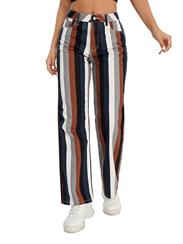 Wdirara Women's High Waisted Wide Leg Print Casual Colorful Pattern Baggy Jeans Denim Aesthetic Pants Striped Brown Xl #TOP5