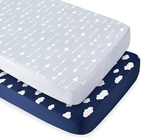 Biloban Crib Sheets for Boys 2 Pack, Fitted Crib Sheet for Standard Crib Mattress, Cozy Toddler Sheets for Boys,Machine Washable, Navy Cloud and Grey Arrowhead
