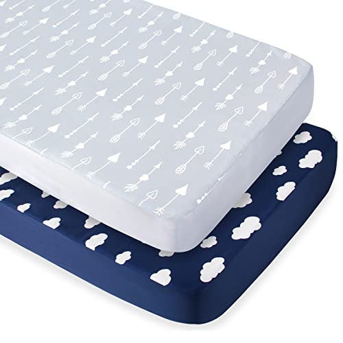 Image of Biloban Crib Sheets for Boys 2 Pack, Fitted Crib Sheet for Standard Crib Mattress, Cozy Toddler Sheets for Boys,Machine Washable, Navy Cloud and Grey Arrowhead