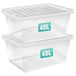 2 x 45 Litre Clear Plastic Storage Boxes With Lids Set of 2, Transparent Multipurpose Nestable Stackable Plastic Box With Lid Containers For Home, Kitchen, Garage, Office, Accessories