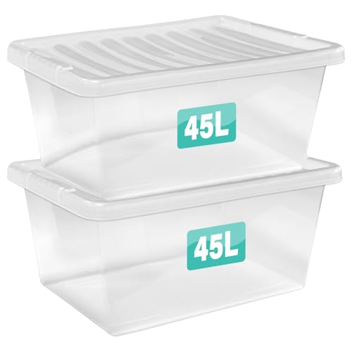 2 x 45 Litre Clear Plastic Storage Boxes With Lids Set of 2 Transparent Multipurpose Nestable Stackable Plastic Box With Lid Containers For Home Kitchen Garage Office Accessories