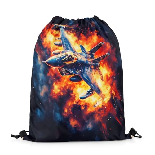 Castle Fairy Aircraft Drawstring Backpack Bags,Military 3D Airplane Gym String Sackpack Bag,Modern Fighter Plane Waterproof Cinch Bag 13