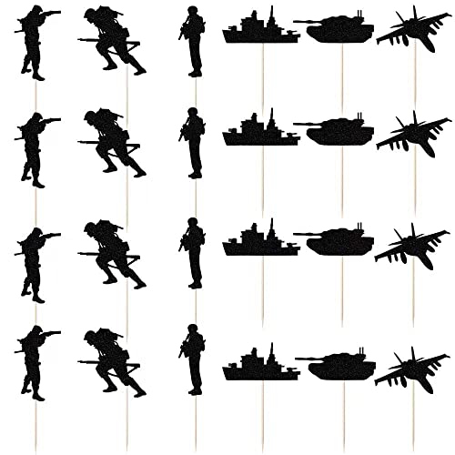 24 Pieces Military Cupcake Toppers, Military Themed Cake Toppers, Happy Birthday Cake Toppers, Veterans Day Cake Toppers, Boys Men's Birthday Party Cake Toppers (Black) #TOP9