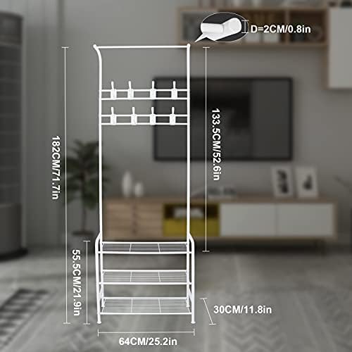 Innotic Coat Stands for Hallway Clothes Rail Shoe Rack Hat Bag Umbrella Hanger Storage with 16 Hooks for Home Bedroom Office(White)