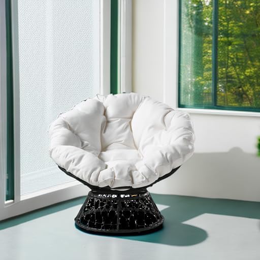 OSP Home Furnishings Wicker Papasan Chair with 360-Degree Swivel, Grey Frame with White Cushion