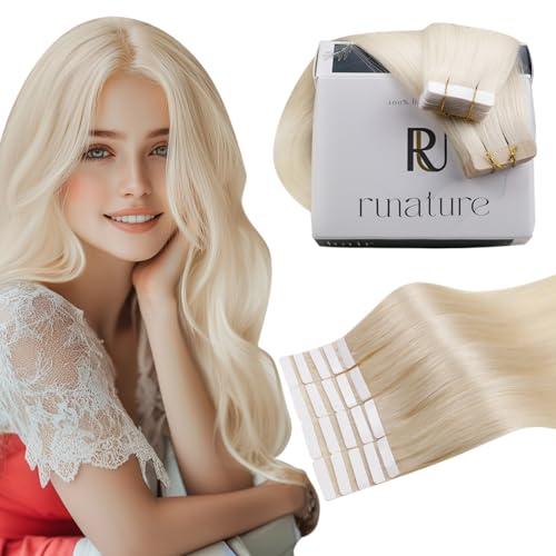 RUNATURE Extensiones Adhesivas Pelo Natural Rubio Tape Extensiones Pelo Humano Rubio Platino Extensiones de Cabello Natural Adhesivas Skin Weft 12 Pulgadas/30cm 20pcs/40g #60