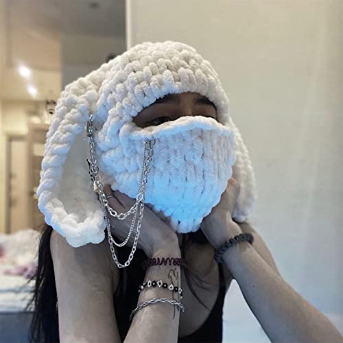 Women Knit Crochet Balaclava Hat Winter Funny Bunny Ears Sweater Beanie Hat With Scarf Headwear Warm Skull Cap (White Rabbit Ear, One Size) #TOP5