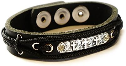 Lost Tribe Designs Black Leather Bracelet with Three Crosses Amulet, Adjustable Cross Bracelet