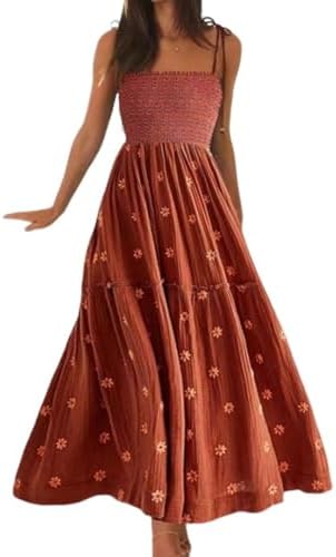 RZDYSQ Women Floral Embroidered Maxi Dress Sleeveless Tie Shoulde...