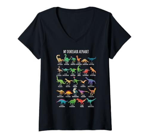 Womens Types Of Dinosaurs Alphabet A-Z ABC Dino Identification V-Neck T-Shirt