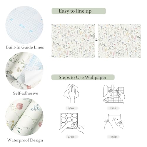 Dimoon 236"x16.1" Floral Peel and Stick Wallpaper Beige Contact Paper Thicken Wallpaper Delicate Flower Waterproof Green Leaf White Self Adhesive Removable Wall Paper Shelf Liner Decal Vinyl Roll by Dimoon - Used condition - Image 2