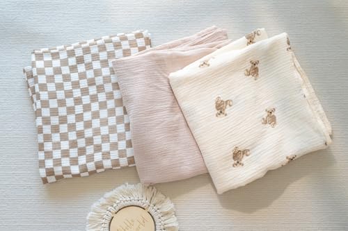 Image of Little Jump Muslin Swaddle Blanket Baby - 40 inch x 47 inch Large Cotton Swaddling Blanket Soft Neutral 3 Pack (Coffee Checkered & Khaki & Teddy Bear)
