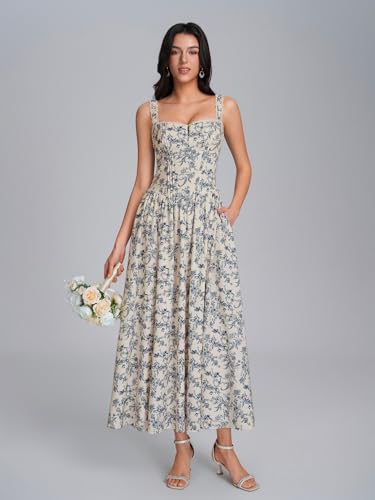 Image of KUTUMAI Women Summer Corset Midi Floral Wedding Guest Dresses with Pockets | Lace Neck, Smocked Back, Flowy A Line Sundress for 2026 Engagement Photoshoot Bridal Shower Garden Party