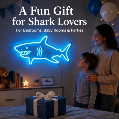 Image of Welltodo Shark Neon Sign, Motion Sensor Auto On /Off Neon Light Sign with 3-Key Dimmable Dual Mode, Safe Acrylic Flexible LED Shark Night Light, USB Powered Wall Decor Neon Signs for Bedroom Room Bathroom Party Shark Gifts