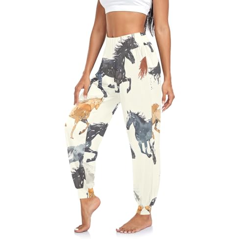 RPLIFE Pantalon de yoga beige motif cheval aquarelle pour femme, pantalon de survêtement bohème, sarouel, pantalon d'été, Aquarelle Cheval Beige, XXL