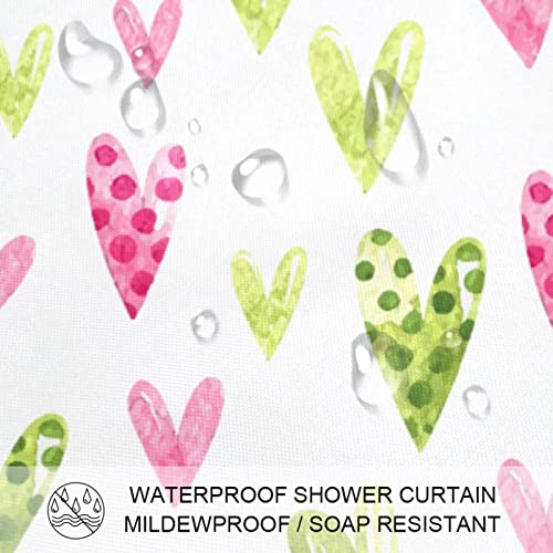 Rideau de douche à cœurs vert et rose en tissu déperlant avec crochets - 4