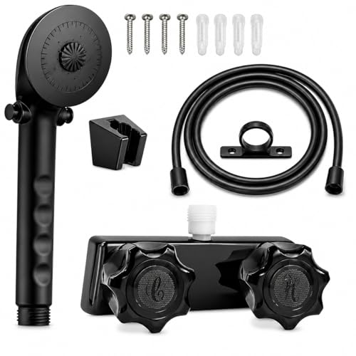 Adando RV Shower Faucet with Hose and Head: 59 Hose ABS Diverter Valve Replacement Kit - 4 Inch 2-Hole Camper Shower Faucet for RV Camper Motorhome Travel Trailer Fifth Wheel Outdoor