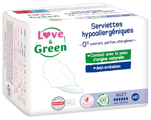 Love & Green - Servilletas sanitarias, ecológicas e hipoalergénicas, certificadas Ecolabel y Dermatest, 'NOCH' x 10: Sin colorantes, perfumes, alérgenos (paquete de 1)