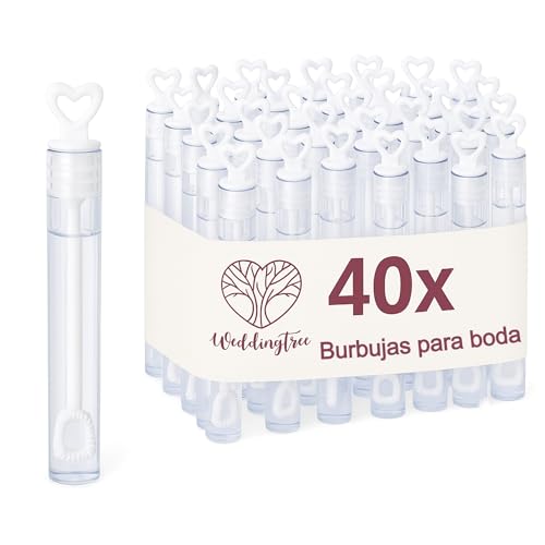 WeddingTree 48 Bolinhas de sabão casamento branco - pomperos casamento - com manga em forma de coração para casamentos, batizados, aniversários, dia dos namorados ou outras celebrações
