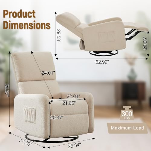 Image of Korser Recliner Chair, Nursery Rocker Chair with Side Pockets, Small Recliners for Small Spaces, Swivel Rocker Recliner Chair for Adults, Sherpa Swivel Accent Chairs for Living Room, Nursing