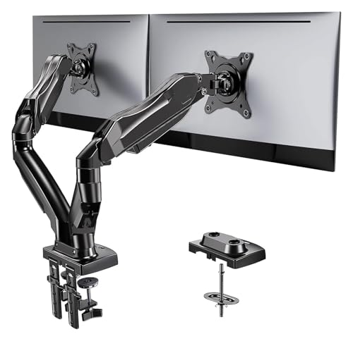 Soporte de doble monitor articulado para escritorios con pinza y base pasacables para pantallas de 13 a 32 pulgadas