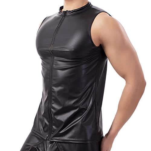 Men's Faux Leather Vest Undershirt Mens Sleeveless Tank Top Zipper Stand Collar Shirt Wetlook Muscle Waistcoats Fit Athletic Black #TOP1