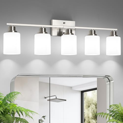 Ascher Bathroom Light Fixtures 5-Light Vanity Light Over Mirror Brushed Nickel Wall Sconces with Milky White Frosted Glass Shades Wall Lamp for Living Room Bedroom E26 Base(Bulbs Not Included)