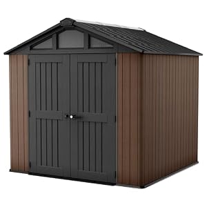 KETER Stronghold 8x8 Gartenhaus braun - Gerätehaus mit 6 Fenstern, Doppeltüren, stahlverstärkt, Holzoptik, inkl. Fußboden, 252 x 241 x 252 cm